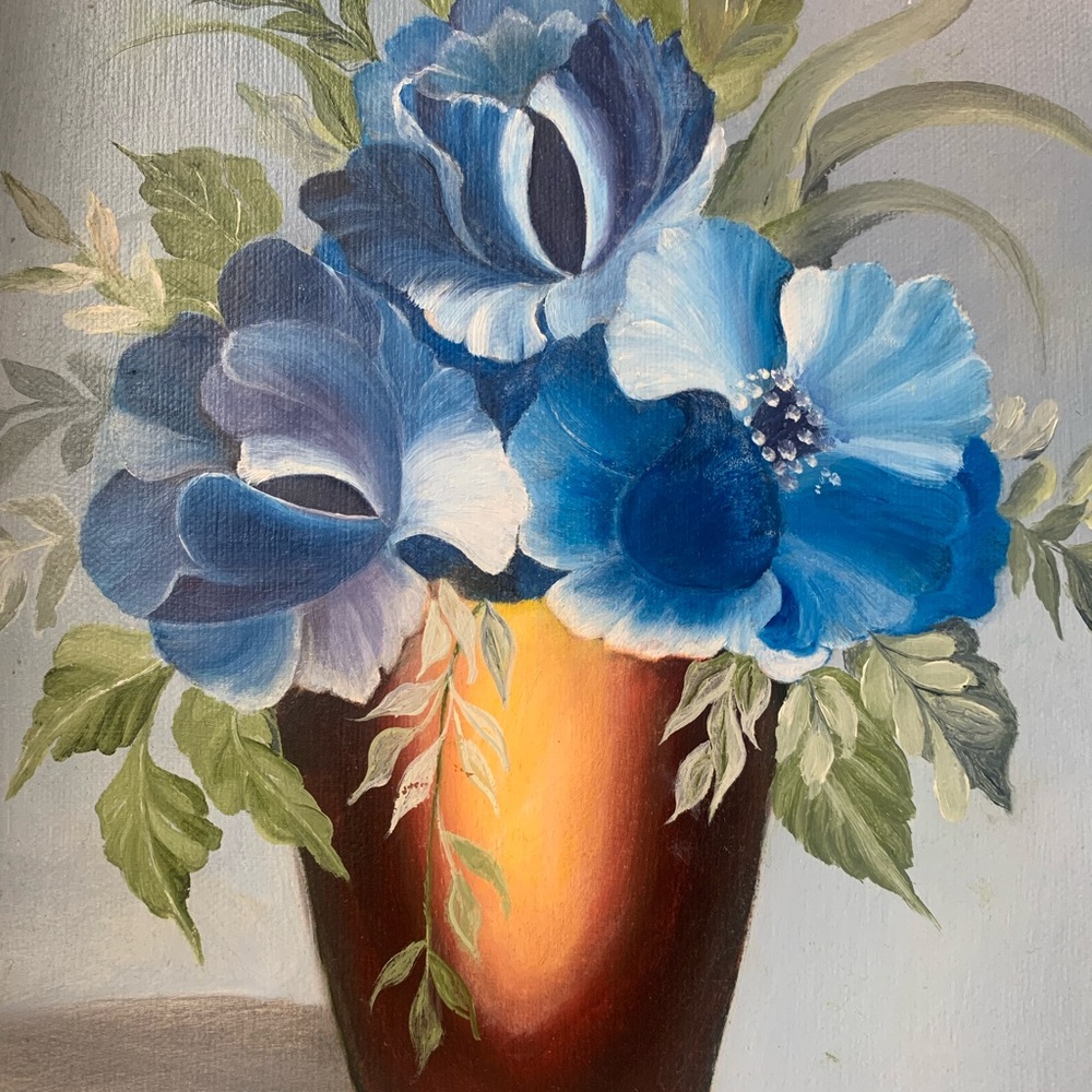 Blue Floral Vase Oil Painting Signed - Picture 3 of 10
